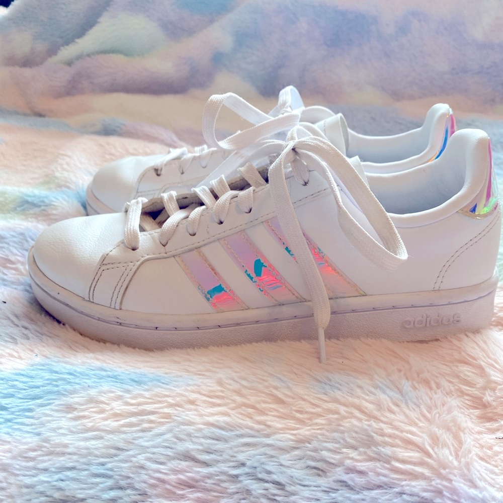 White Adidas with iridescent rainbow stripes